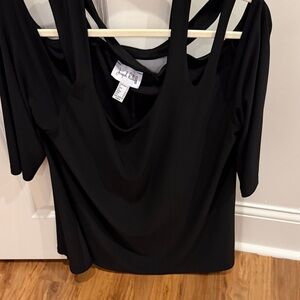 Joseph Ribkoff Black Drape Neck Blouse with cut out shoulder.